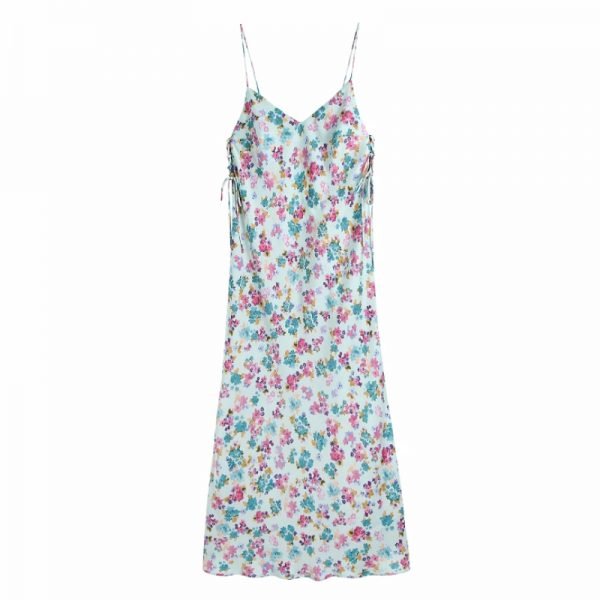Summer Women Flower Printing Satin Suspender Midi Dress Female Side Lace Up Decorate Clothes Casual Lady Loose Vestido D7670