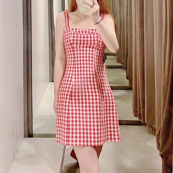 Summer Women Red Plaid Suspender Mini Dress Female Sleeveless Clothes Leisure Lady Slim Vestido D7982
