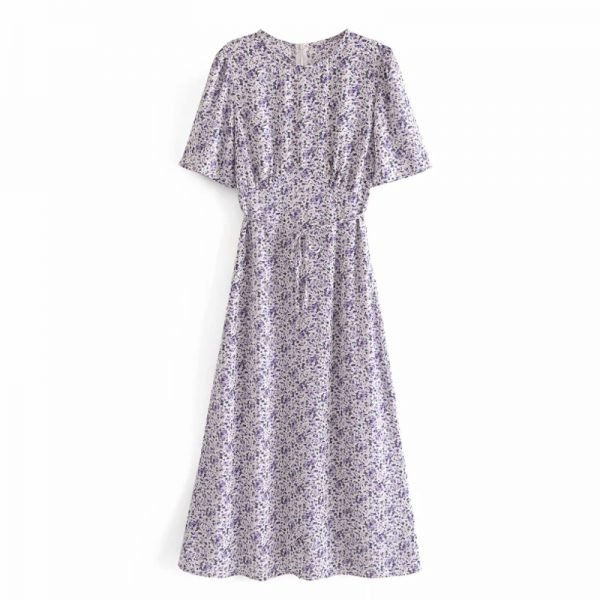 Summer Women Floral Print Puff Sleeve Elegant Midi Dress Female Sashes Clothes Leisure Lady Loose Vestido D7973