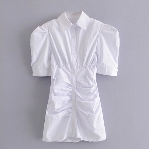 Women Slim Pleated Striped Mini Shirt Dress Female Puff Sleeve Clothes Casual Lady Vestido D7526